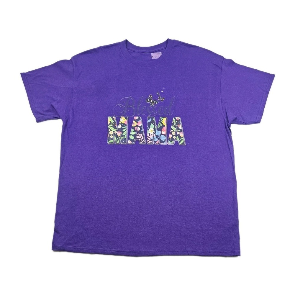 Blessed Mama Flowers Butterflies‎ Purple T Shirt Size XL Colorful Fun Spellout